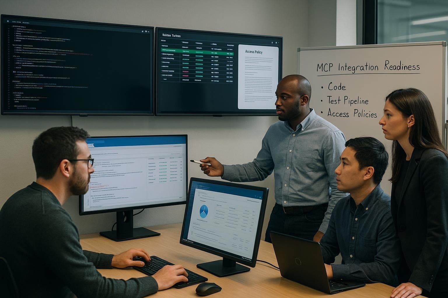 Engineering team reviewing MCP integration tests, access policies, and deployment controls in an operations room.