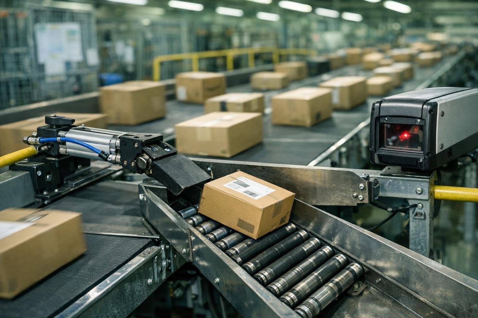 A parcel sorting machine inside a warehouse-like facility sends one box sideways off a conveyor into a chute. The metal diverter, rollers, and nearby parcel are sharp, while long belts, other moving boxes, and overhead fluorescent lights blur behind them.