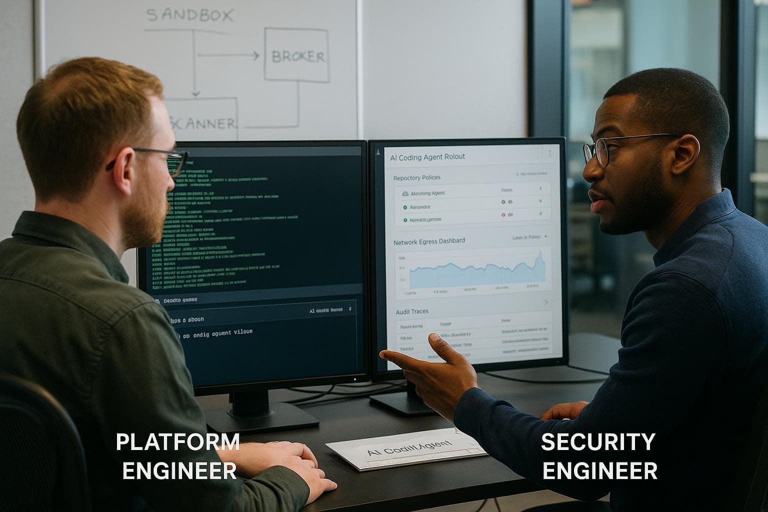 Platform and security engineers reviewing coding agent sandbox policies, terminal activity, and observability dashboards in an office.