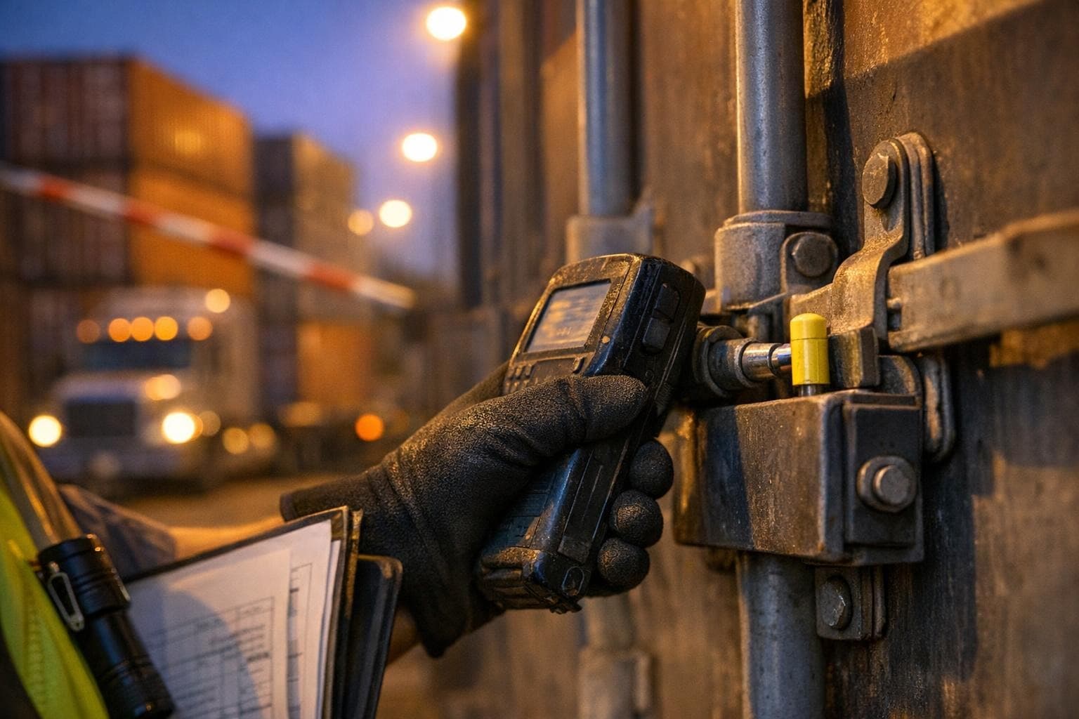 A close view at a shipping port shows a gloved inspector checking the metal seal on a cargo container door near a gate. The seal and locking hardware are in sharp focus, while stacked containers, a truck, and amber yard lights blur into the background at dusk.