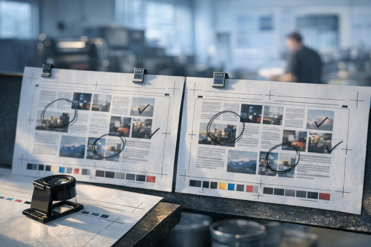 Two printed proof sheets hang side by side in a print shop, with a loupe and grease-pencil marks nearby. The nearest sheet and inspection tools are sharp in cool daylight, while printing presses and racks blur in the background.