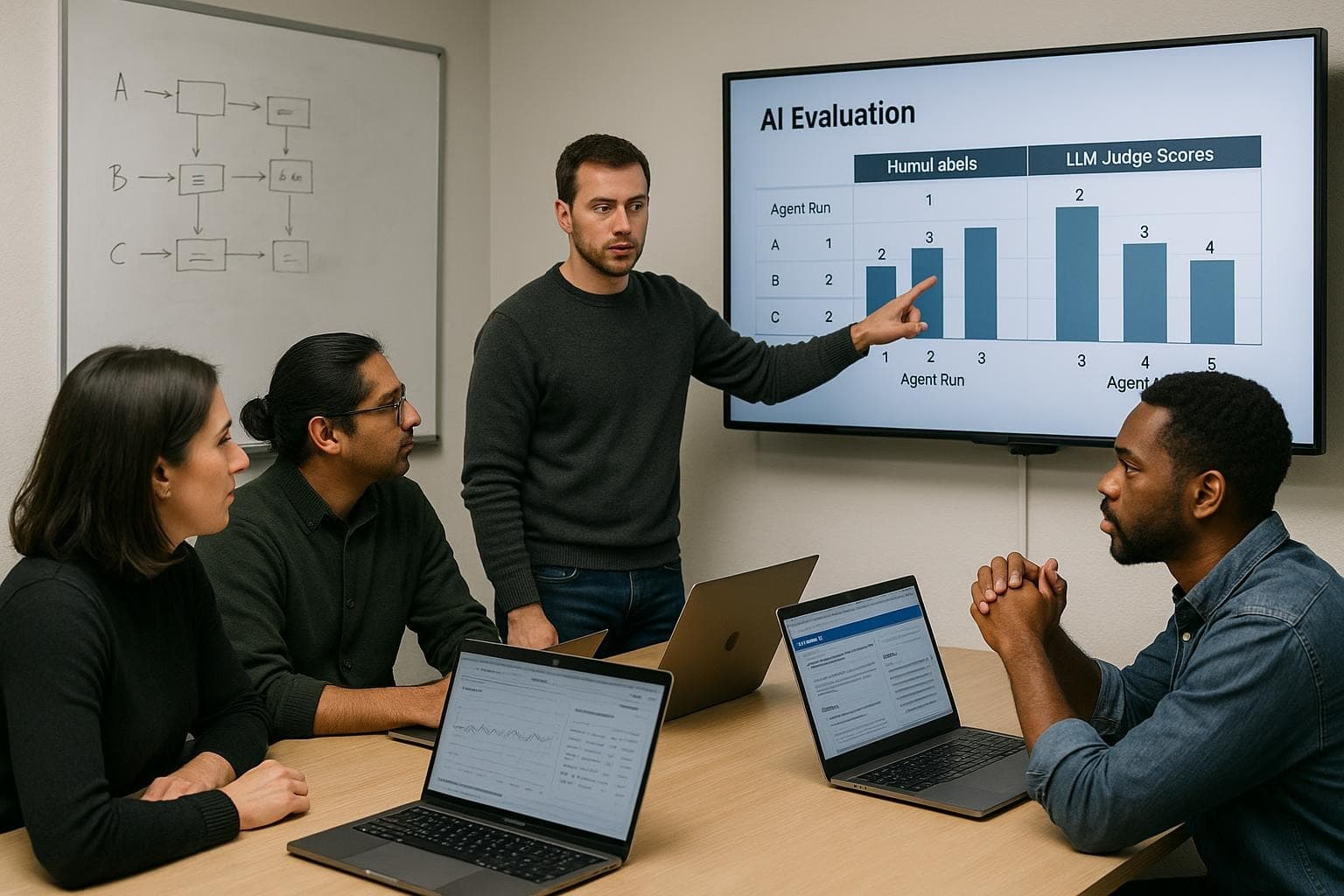 AI engineering team reviewing agent traces, user feedback, and evaluation scores in a workshop setting.
