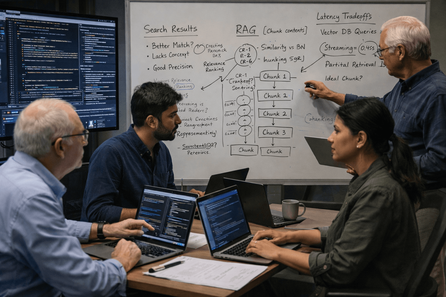 Product and engineering team reviewing retrieval quality and ranking tradeoffs for an AI application