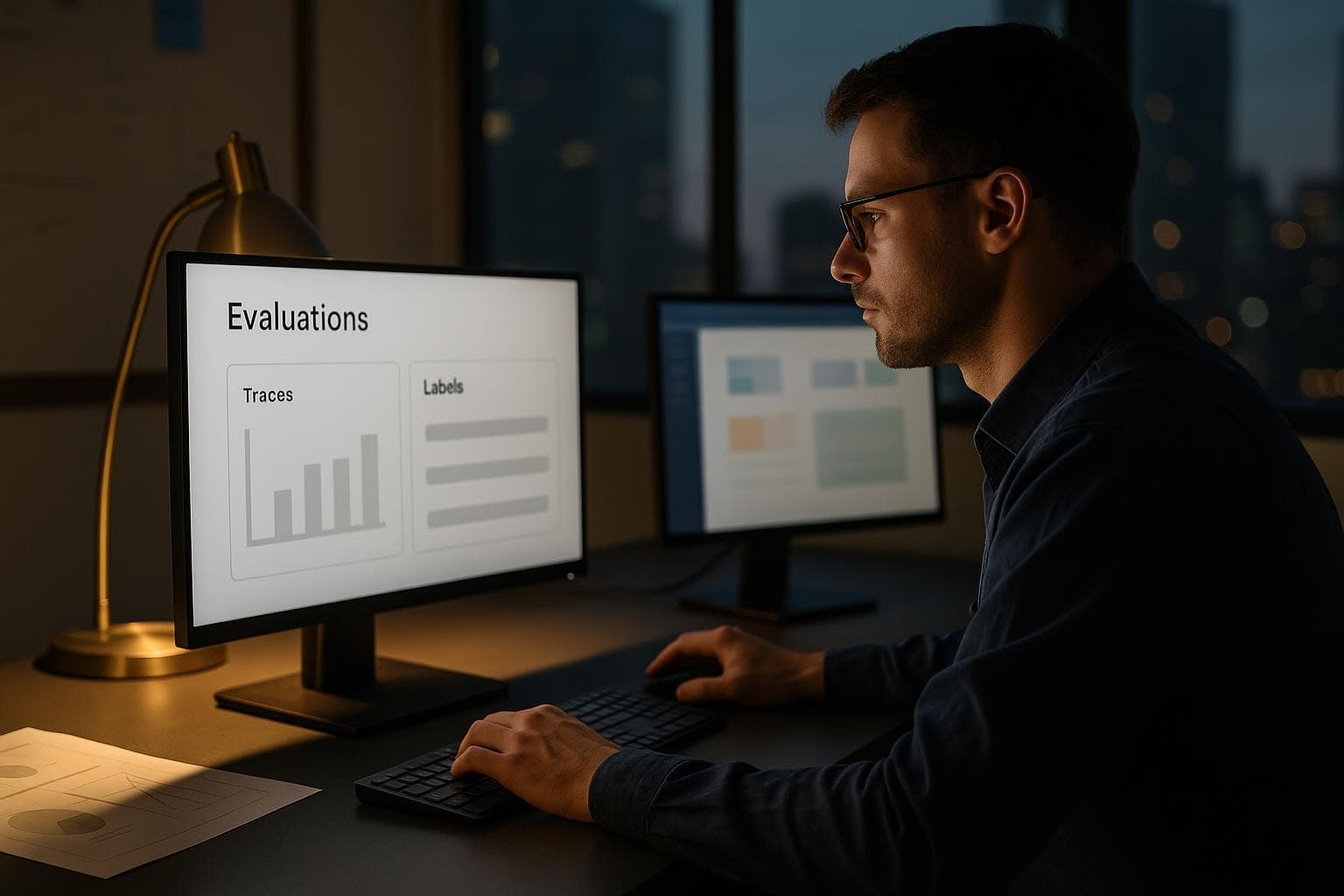 AI engineering team reviewing agent traces, user feedback, and evaluation scores in a workshop setting.