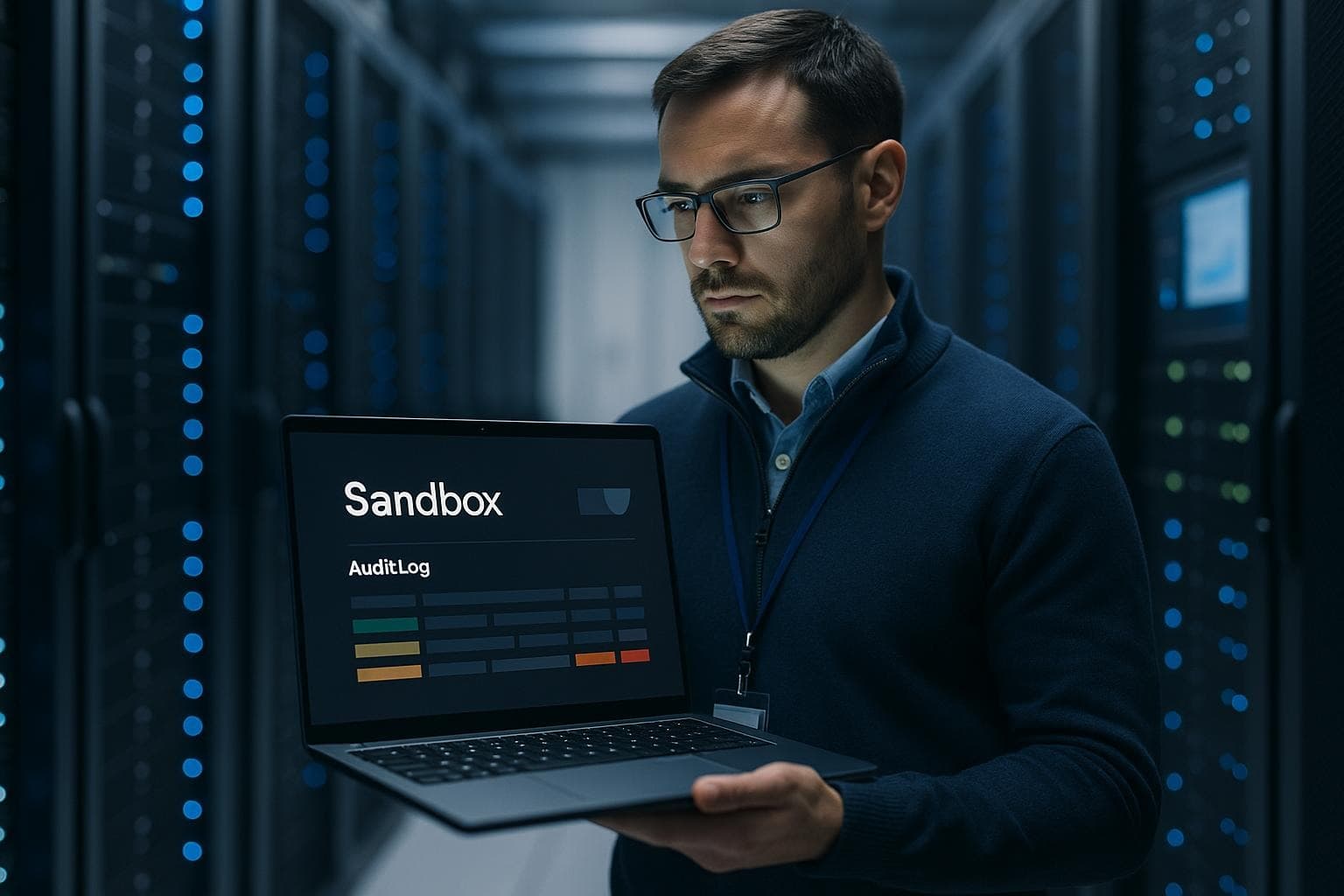 Platform and security engineers reviewing coding agent sandbox policies, terminal activity, and observability dashboards in an office.