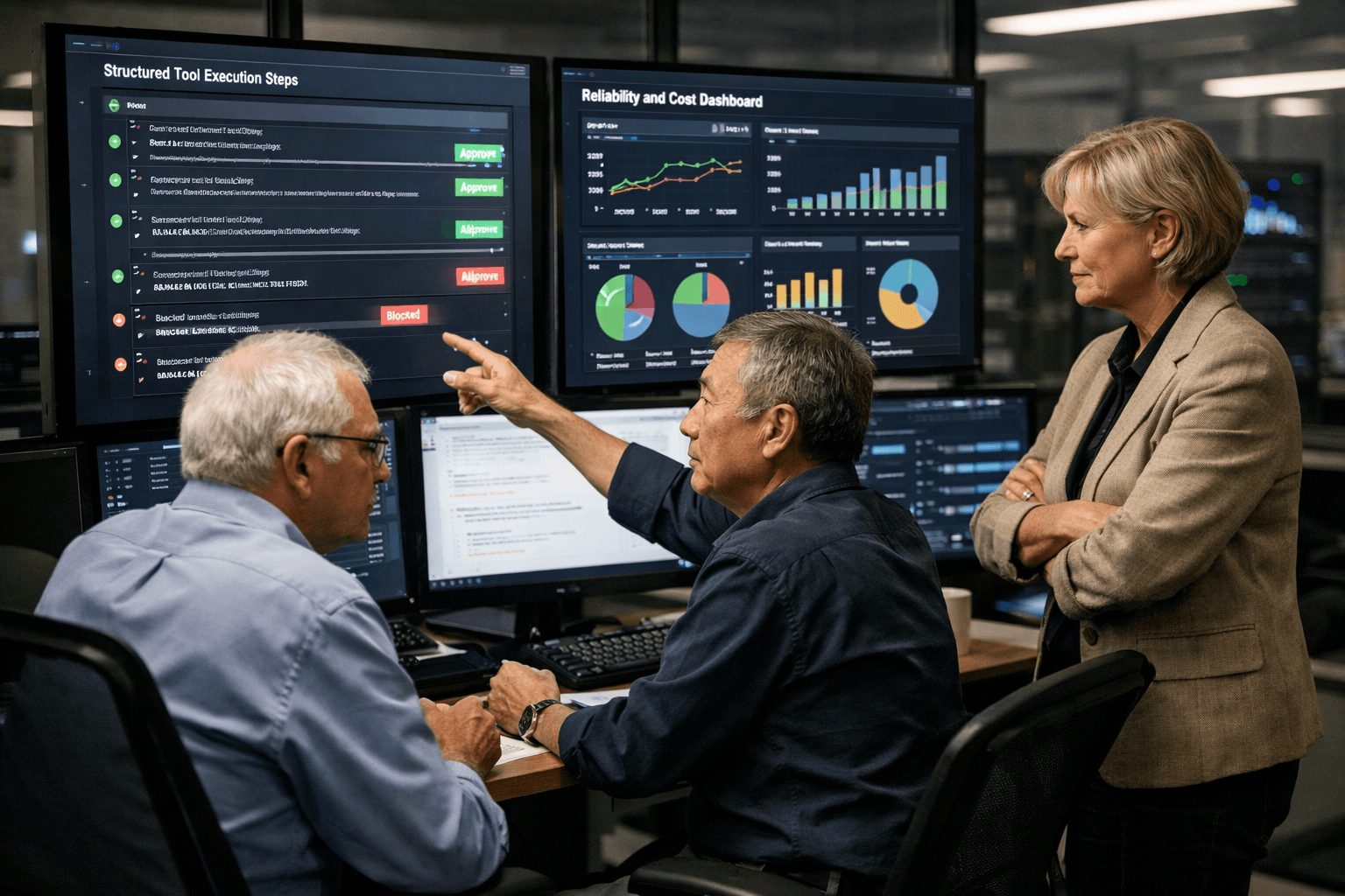Engineering team reviewing a production AI agent workflow with audit and policy controls